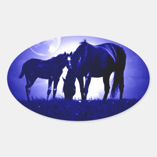 Horses  Blue Night Oval Sticker