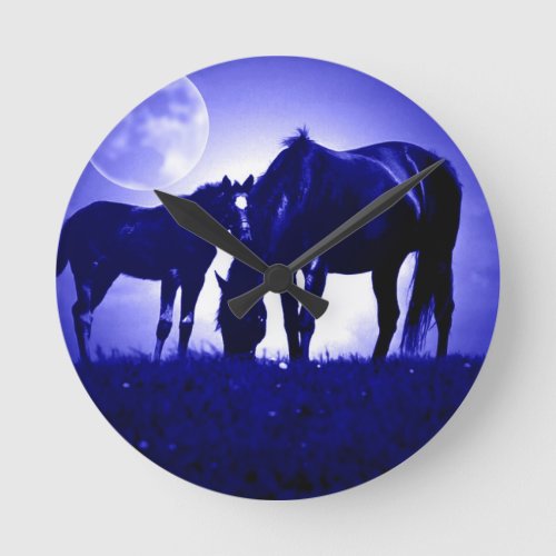 Horses  Blue Night Round Clock