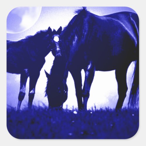 Horses  Blue Night Square Sticker