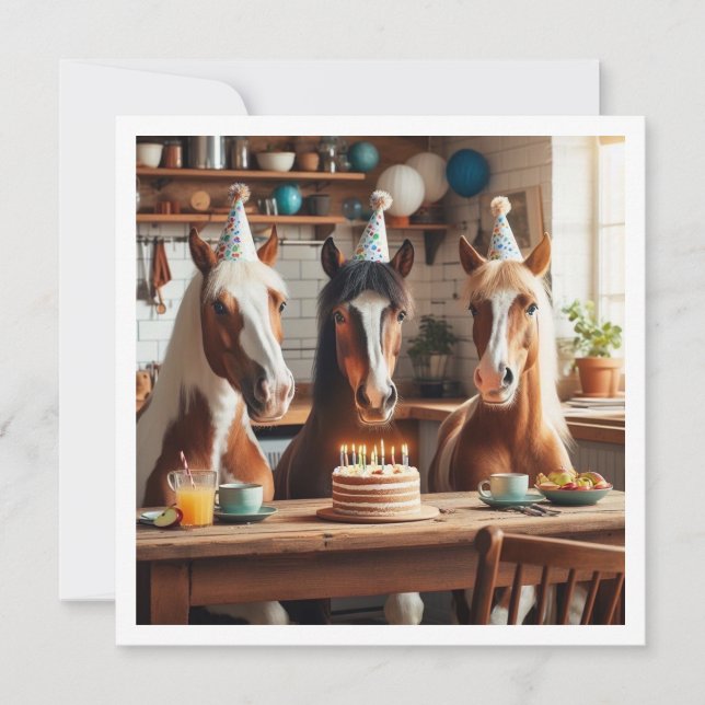 Horses celebrating birthday eating cake, horse  invitation (Front)