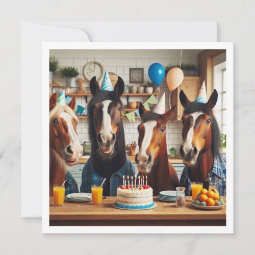 Horses celebrating birthday wcake and hats boy invitation
