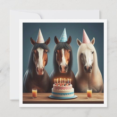 Horses celebrating birthday wcake and hats invitation