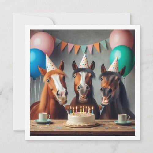 Horses celebrating birthday wcake and hats invitation