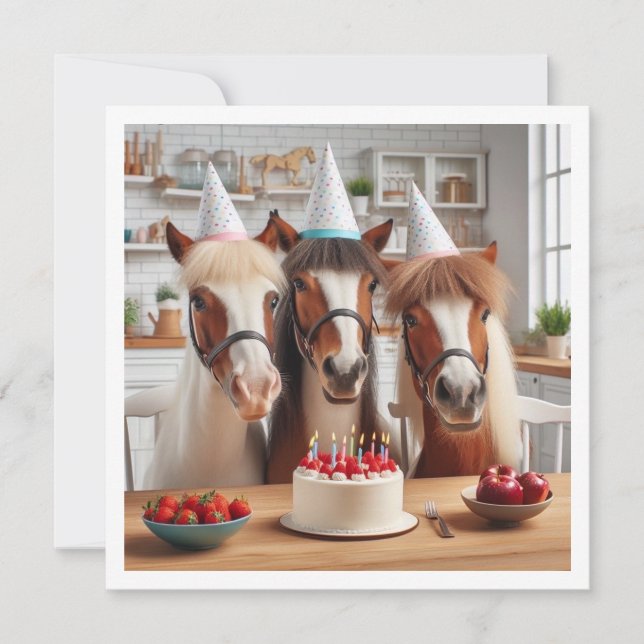 Horses celebrating birthday w/cake and hats invitation (Front)
