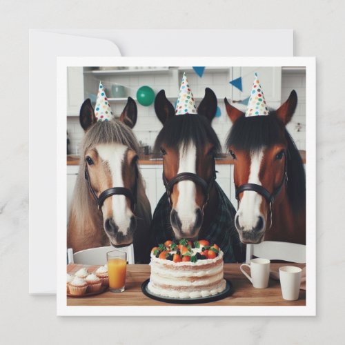 Horses celebrating birthday wcake and hats invitation