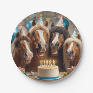 Horses celebrating birthday w/cake and hats plate