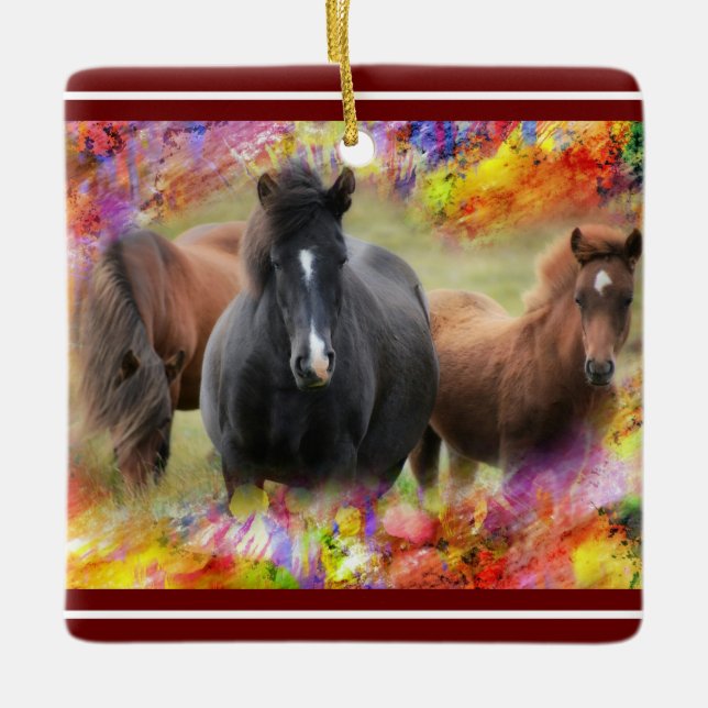 Horses Colorful Ceramic Ornament (Front)