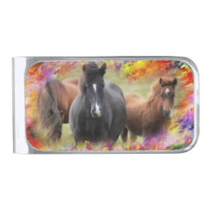 Horses Colorful Silver Finish Money Clip