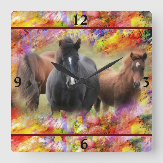 Horses Colorful Square Wall Clock (Front)