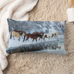 Horses Crossing the Creek Lumbar Pillow