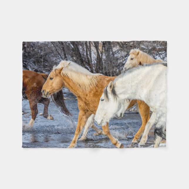 Horses Crossing the Stream Fleece Blanket (Front (Horizontal))