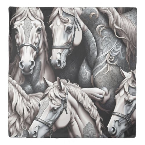 Horses Detailed Painting in Black White Art  Duvet Cover