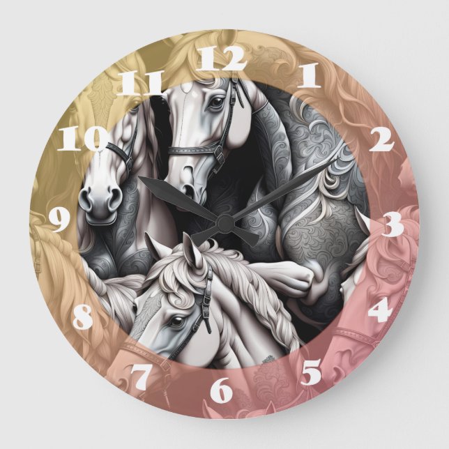 Horses Detailed Painting in Black& White Art  Large Clock (Front)