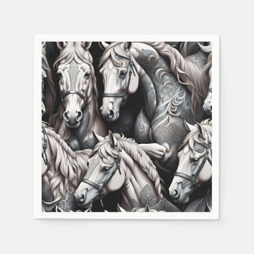 Horses Detailed Painting in Black White Art  Napkins