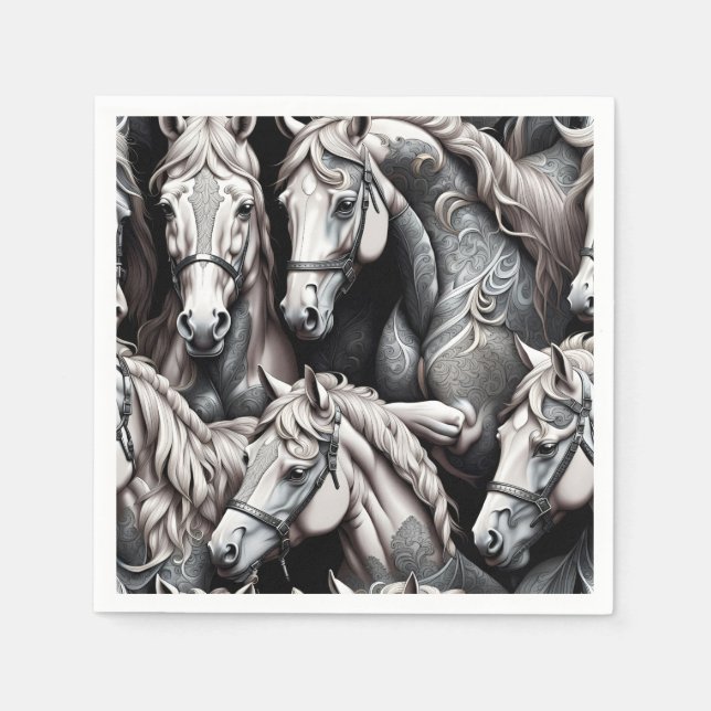 Horses Detailed Painting in Black& White Art  Napkins (Front)