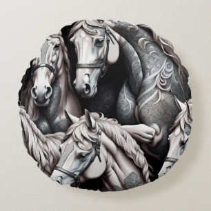 Horses Detailed Painting in Black& White Art Round Pillow