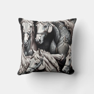 Horses Detailed Painting in Black& White Art Throw Pillow