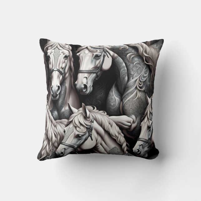 Horses Detailed Painting in Black& White Art  Throw Pillow (Back)
