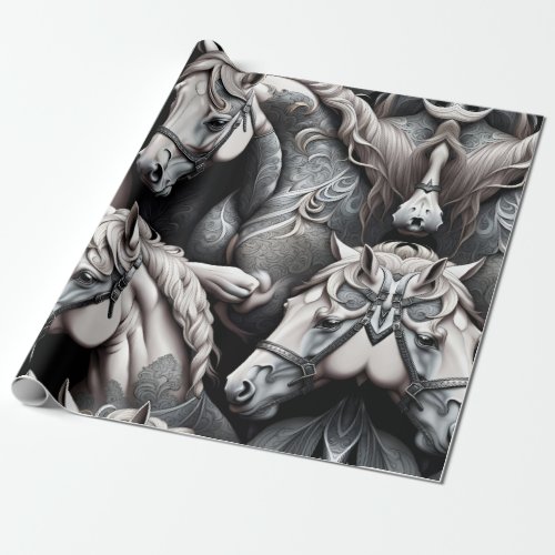 Horses Detailed Painting in Black White Art  Wrapping Paper