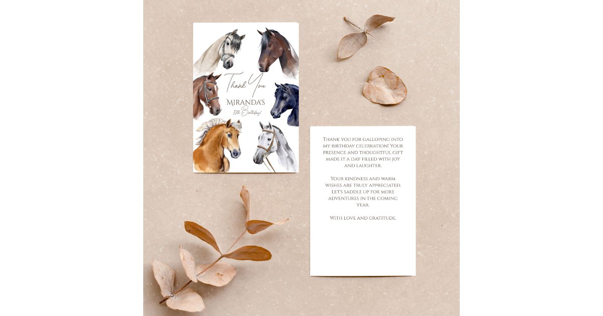 Horses equestrian elegant birthday party thank you card | Zazzle