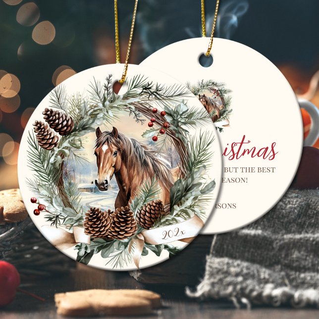 Horses farm animal Christmas pinecone wreath Ceramic Ornament (Horses farm animal Christmas pinecone wreath Ceramic Ornament)