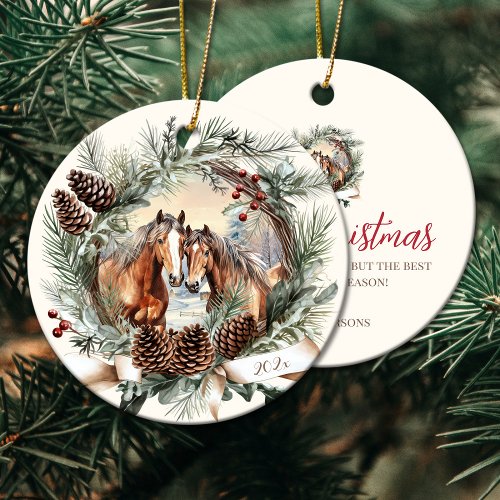 Horses farm animal Christmas pinecone wreath Ceramic Ornament
