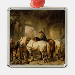 Horses Feeding in the Stable Metal Ornament