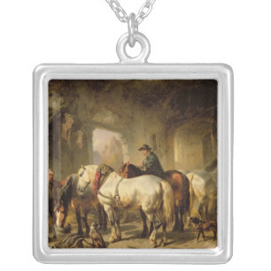 Horses Feeding in the Stable Silver Plated Necklace