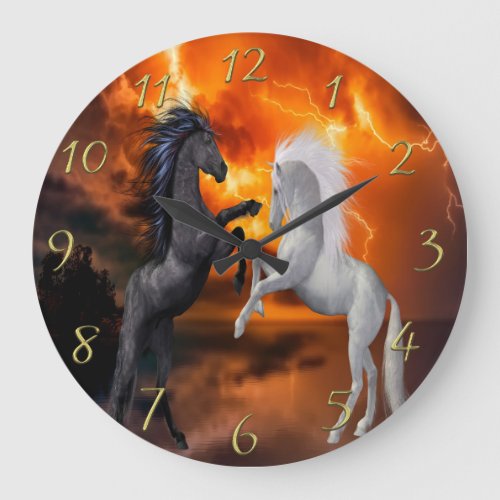 Horses fighting in a bad lightning storm 1 large clock