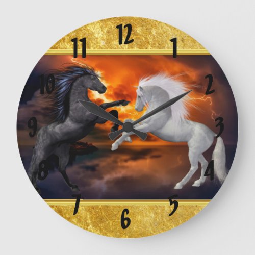 Horses fighting in a bad lightning storm 1 large clock
