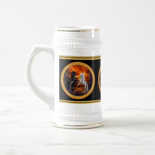 Horses fighting in a bad lightning storm beer stein
