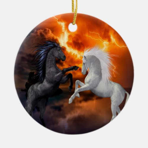 Horses fighting in a bad lightning storm ceramic ornament