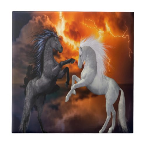 Horses fighting in a bad lightning storm ceramic tile