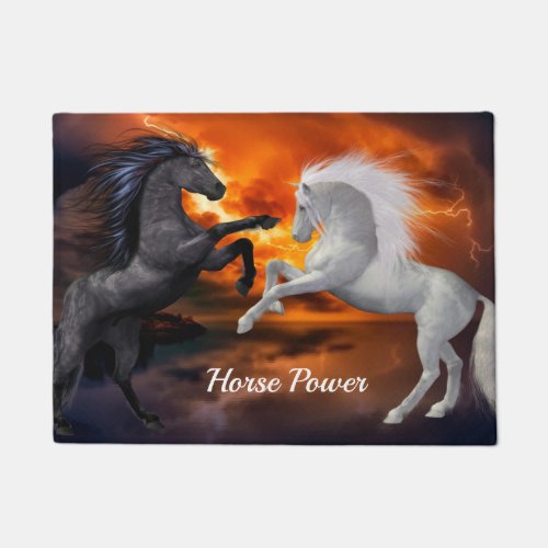 Horses fighting in a bad lightning storm doormat
