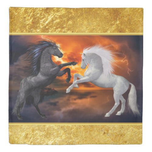 Horses fighting in a bad lightning storm duvet cover