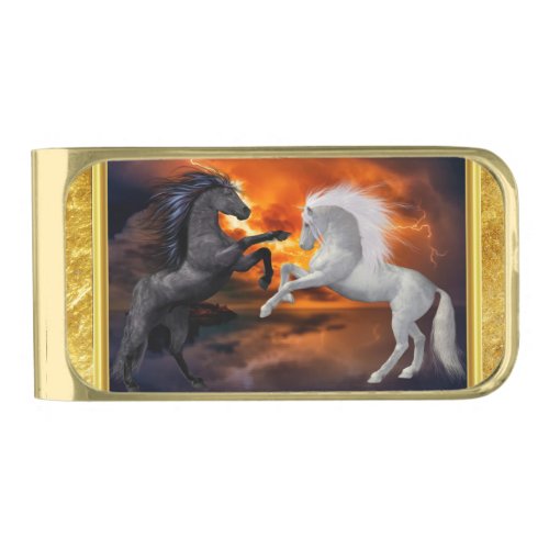 Horses fighting in a bad lightning storm gold finish money clip