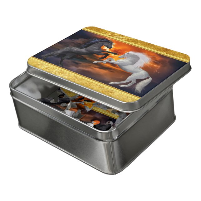 Horses fighting in a bad lightning storm jigsaw puzzle (Lid Open)