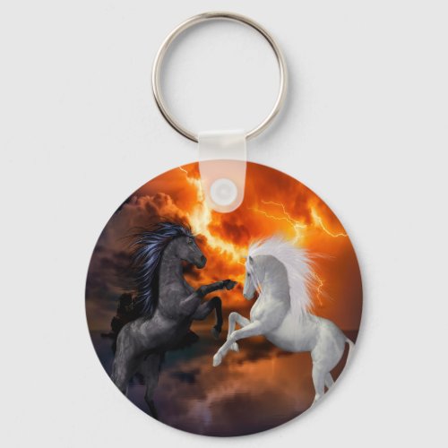 Horses fighting in a bad lightning storm keychain