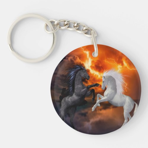 Horses fighting in a bad lightning storm keychain