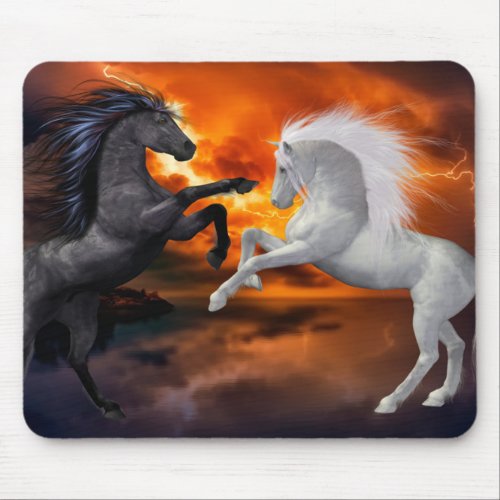 Horses fighting in a bad lightning storm mouse pad