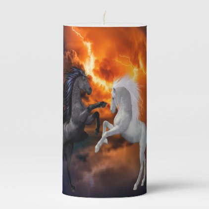 Horses fighting in a bad lightning storm pillar candle