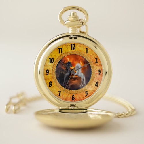 Horses fighting in a bad lightning storm pocket watch
