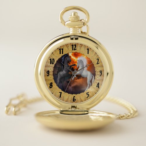 Horses fighting in a bad lightning storm pocket watch