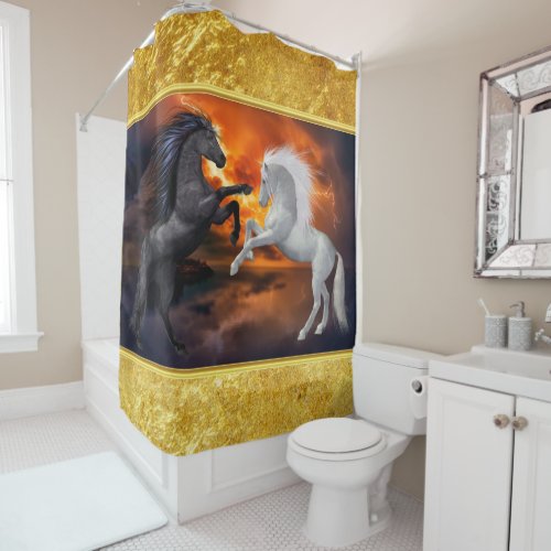 Horses fighting in a bad lightning storm shower curtain