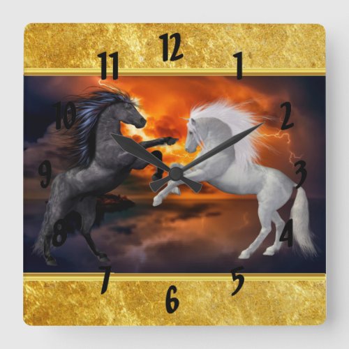 Horses fighting in a bad lightning storm square wall clock