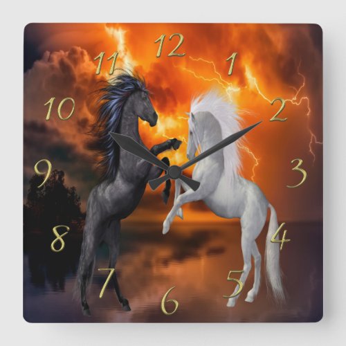 Horses fighting in a bad lightning storm square wall clock