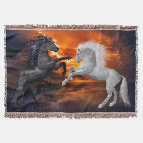 Horses fighting in a bad lightning storm throw blanket