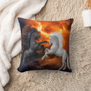 Horses fighting in a bad lightning storm throw pillow