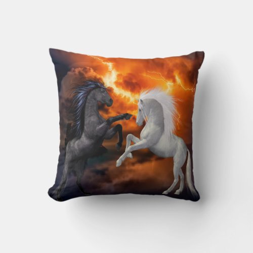 Horses fighting in a bad lightning storm throw pillow