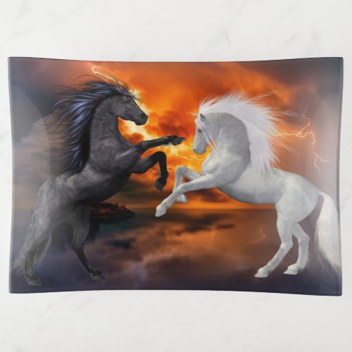 Horses fighting in a bad lightning storm trinket tray